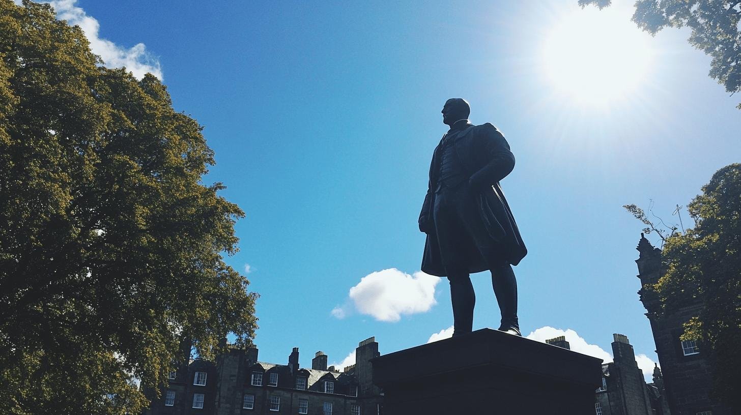 Statue of Adam Smith under a bright sky, representing the roots of Laissez Faire Economics.