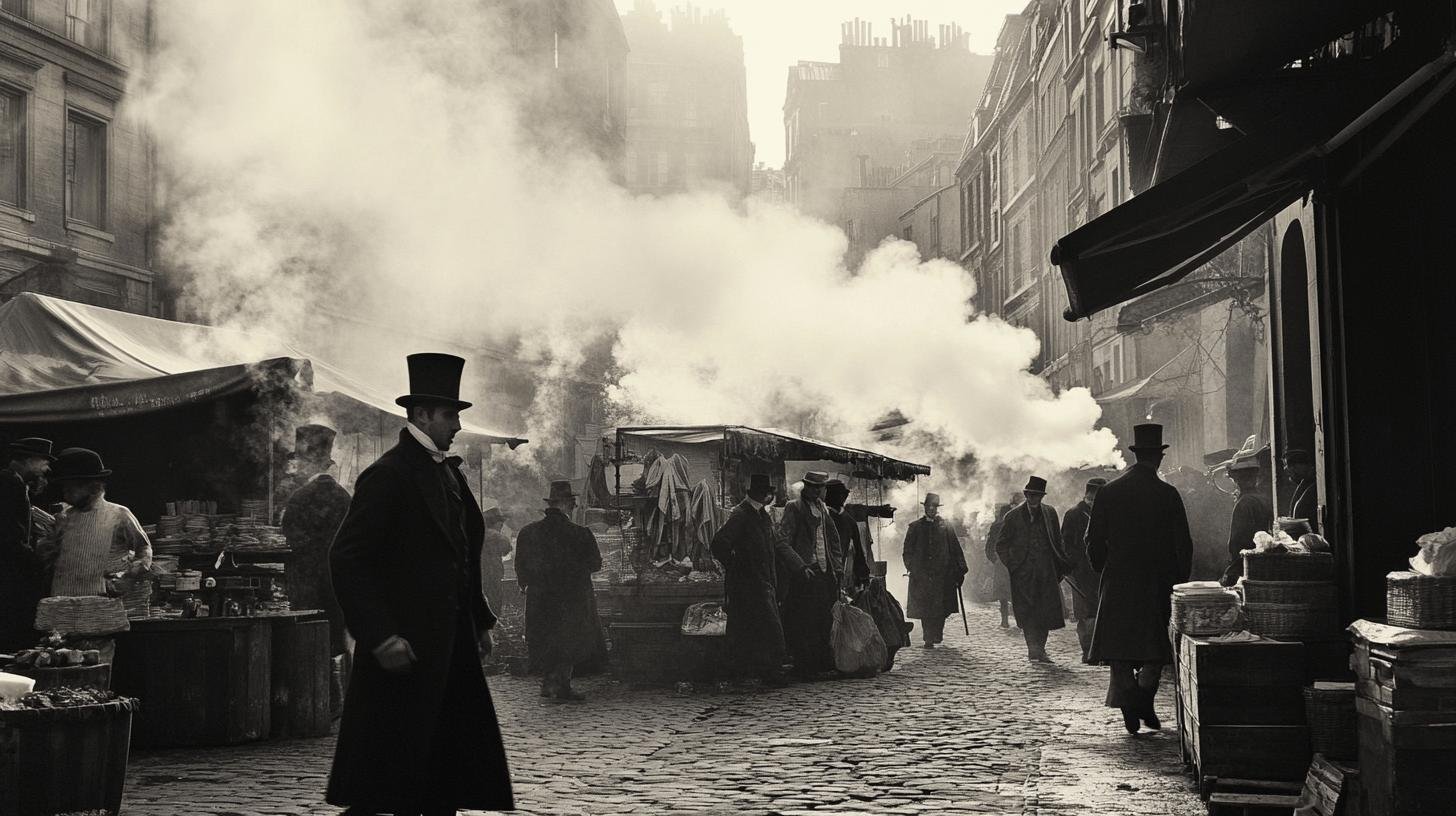 a group of people walking on a street depicting time of Industrialization - Laissez faire economics effects