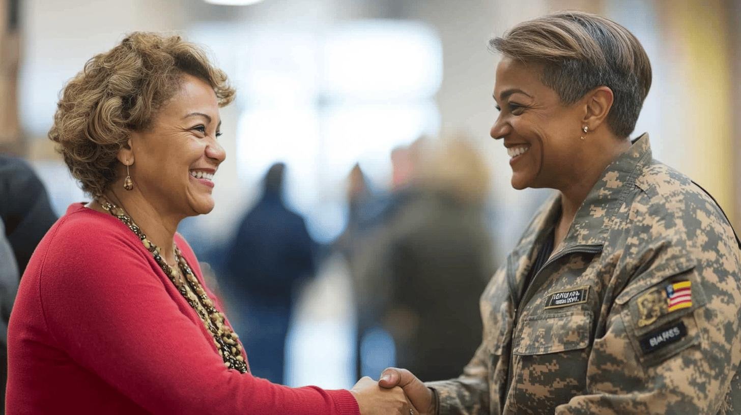 Veteran shaking hands with a civilian - Veterans Giving Back to the Community.