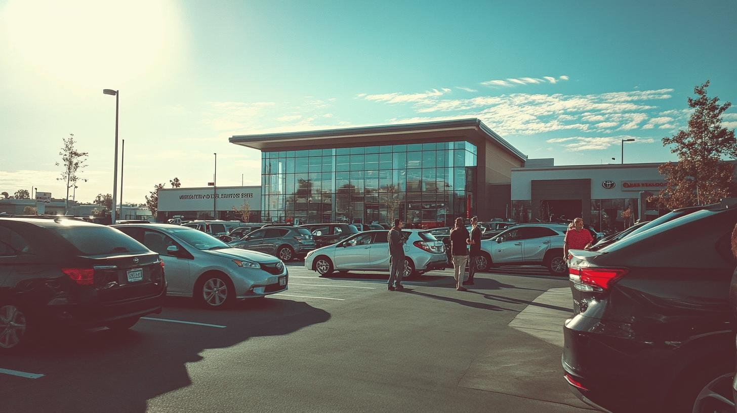 Customers walking around a Toyota dealership parking lot under a clear sky, reflecting Toyota's New Direction.