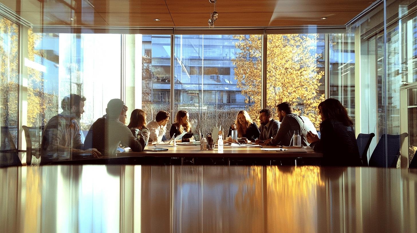 Group of business professionals in a meeting room, discussing principles of business ethics.