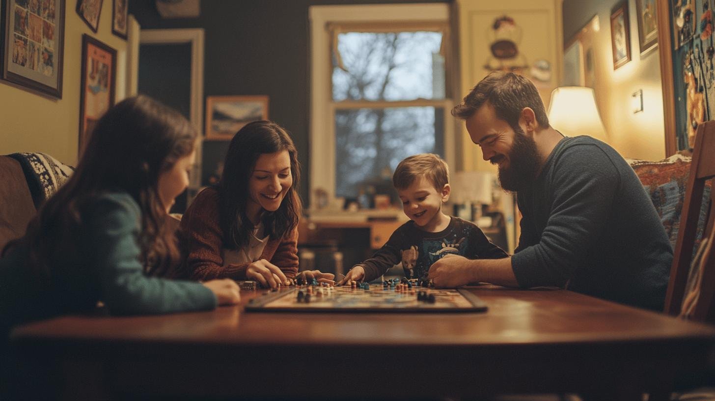 Family playing a board game indoors as part of family-friendly activities for outdoor fun adventures.