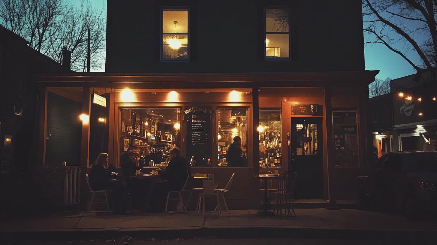 Cozy evening scene at a small town café, highlighting the charm of Small Town Businesses That Thrive.