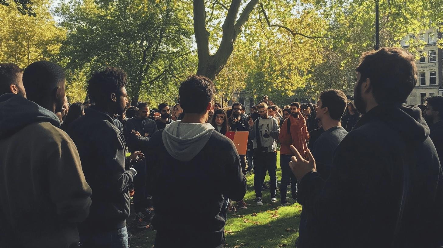 a group of people standing in a park - a group of people sitting on steps - is freedom of speech in the bill of rights