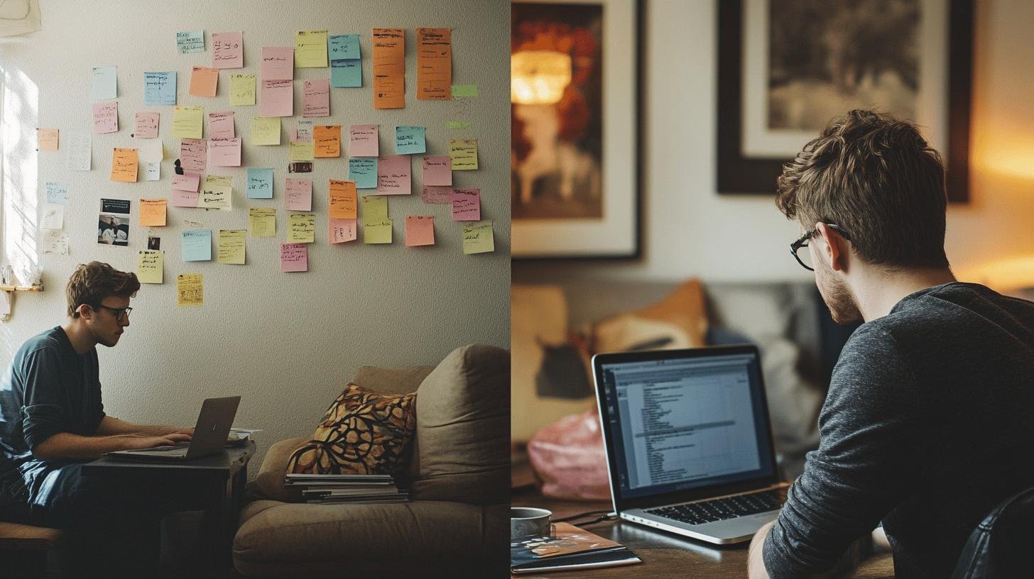 Entrepreneur vs Solopreneur – A person working on a laptop with sticky notes on the wall, and another working on a laptop in a cozy living space.