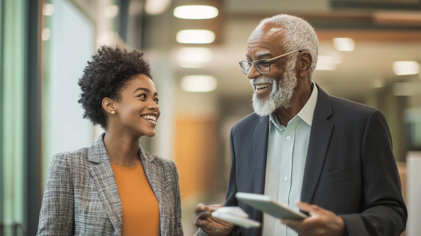 Two professionals smiling and discussing succession planning in a family business.