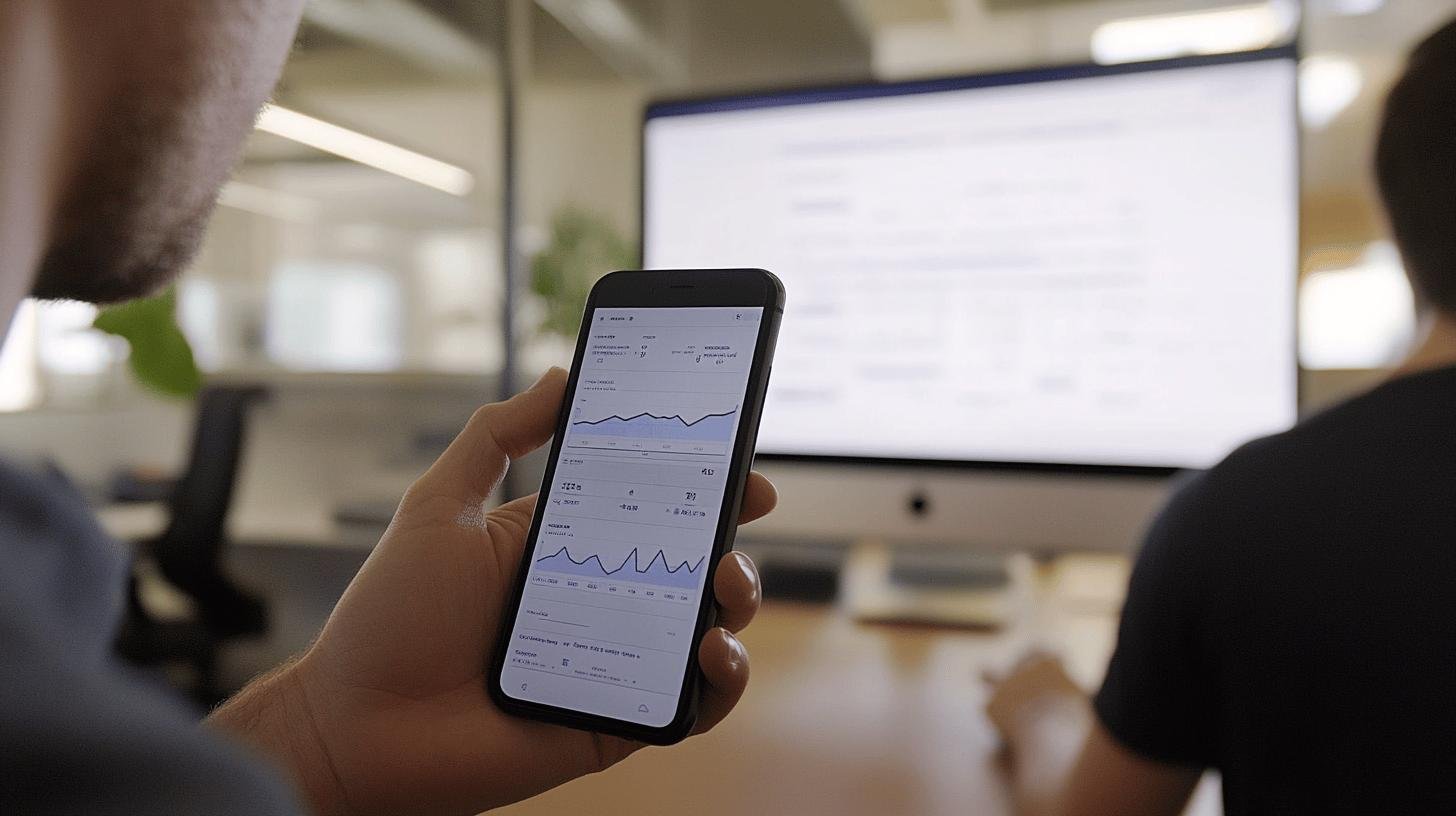 Person reviewing Local SEO for Small Businesses data on a smartphone in an office setting.