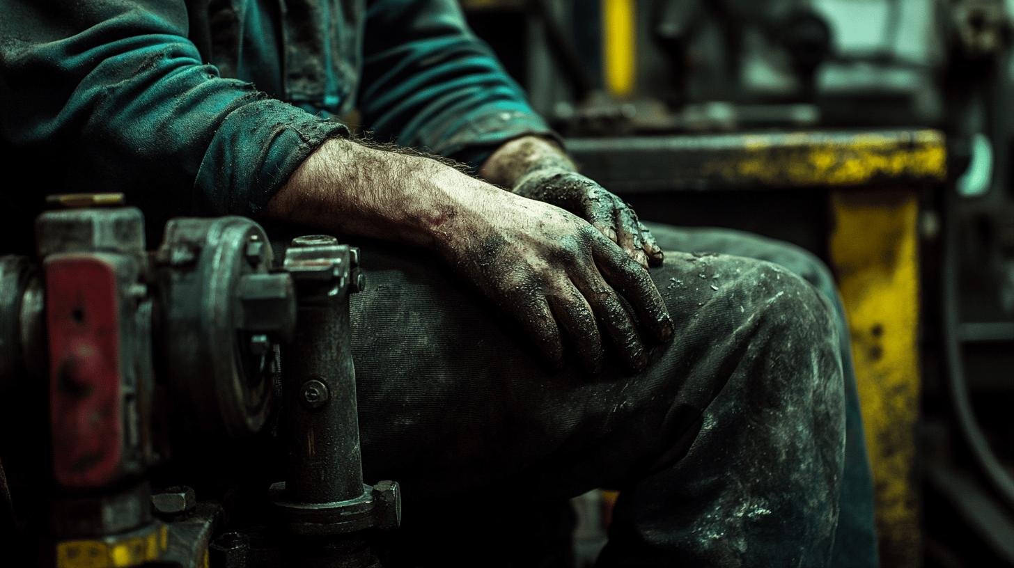 Worker with dirty hands and worn clothing, illustrating labor exploitation under laissez-faire economics.