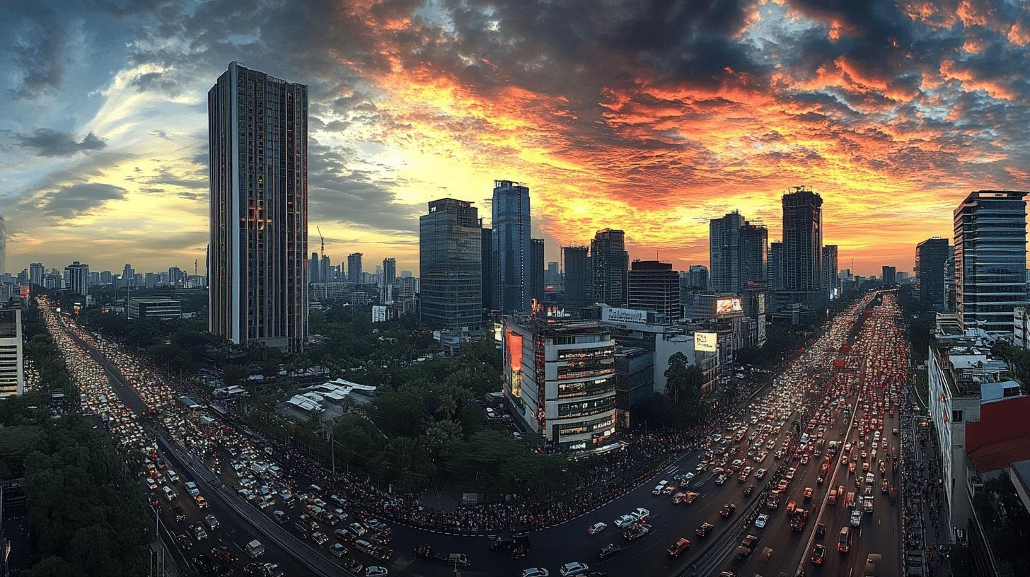 Urban skyline at sunset with traffic congestion, illustrating effects of laissez-faire economics – Laissez-faire Economics Beneficial