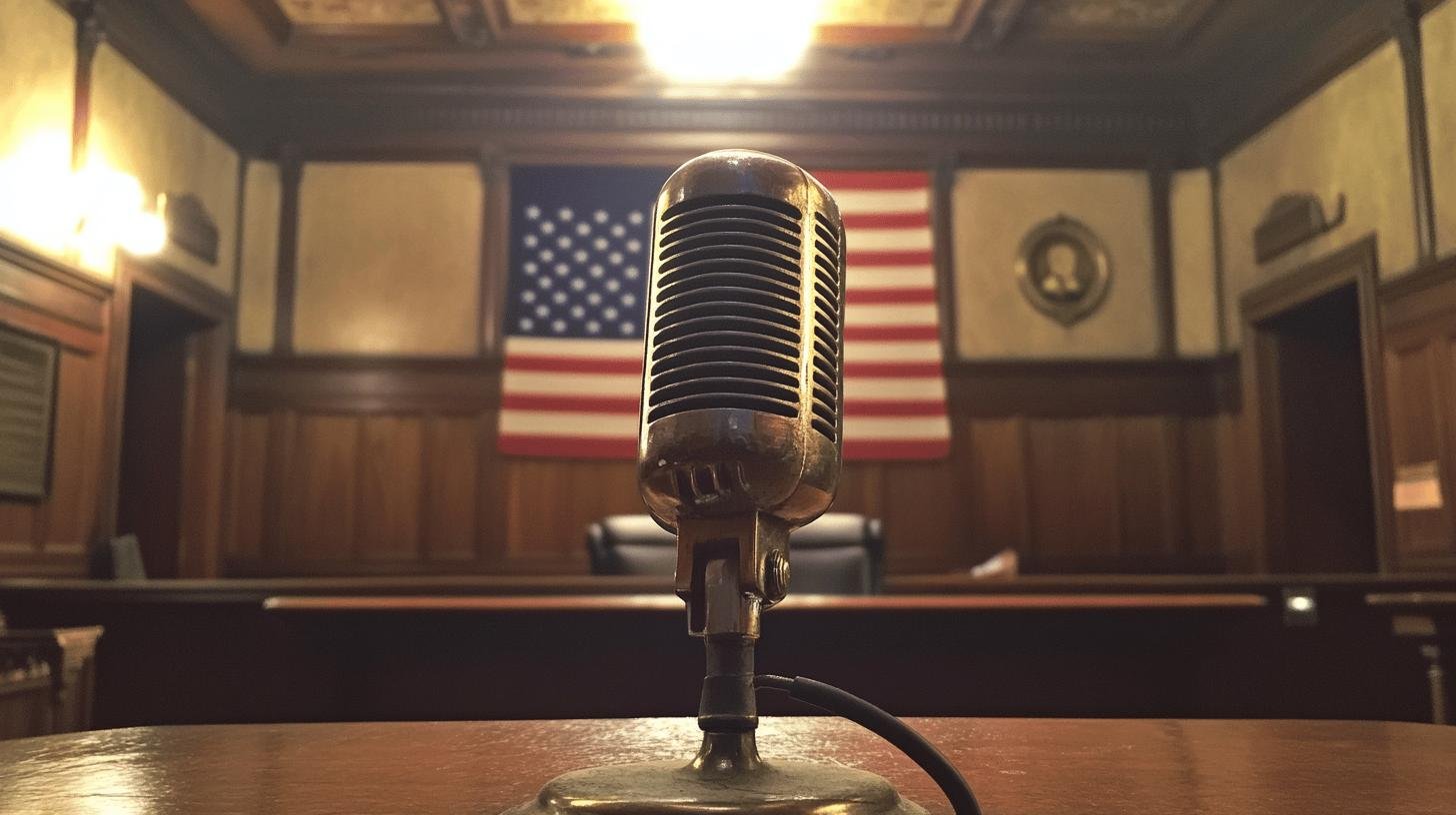 Microphone in a courtroom symbolizing 'Freedom of Speech a Fundamental Right' with an American flag in the background.