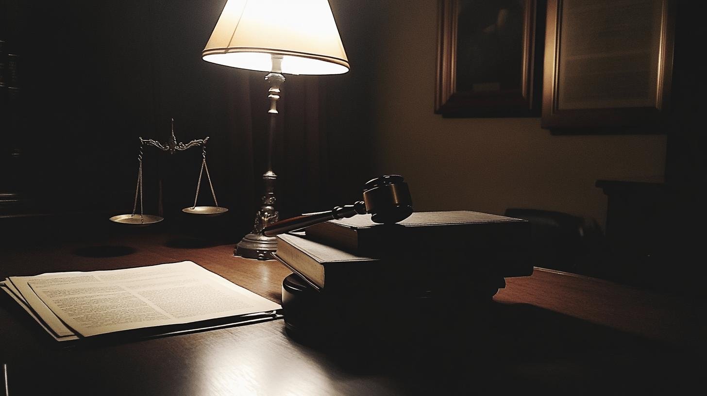 A dimly lit judge's desk with scales of justice and a gavel, symbolizing the evolution of freedom of speech through time.