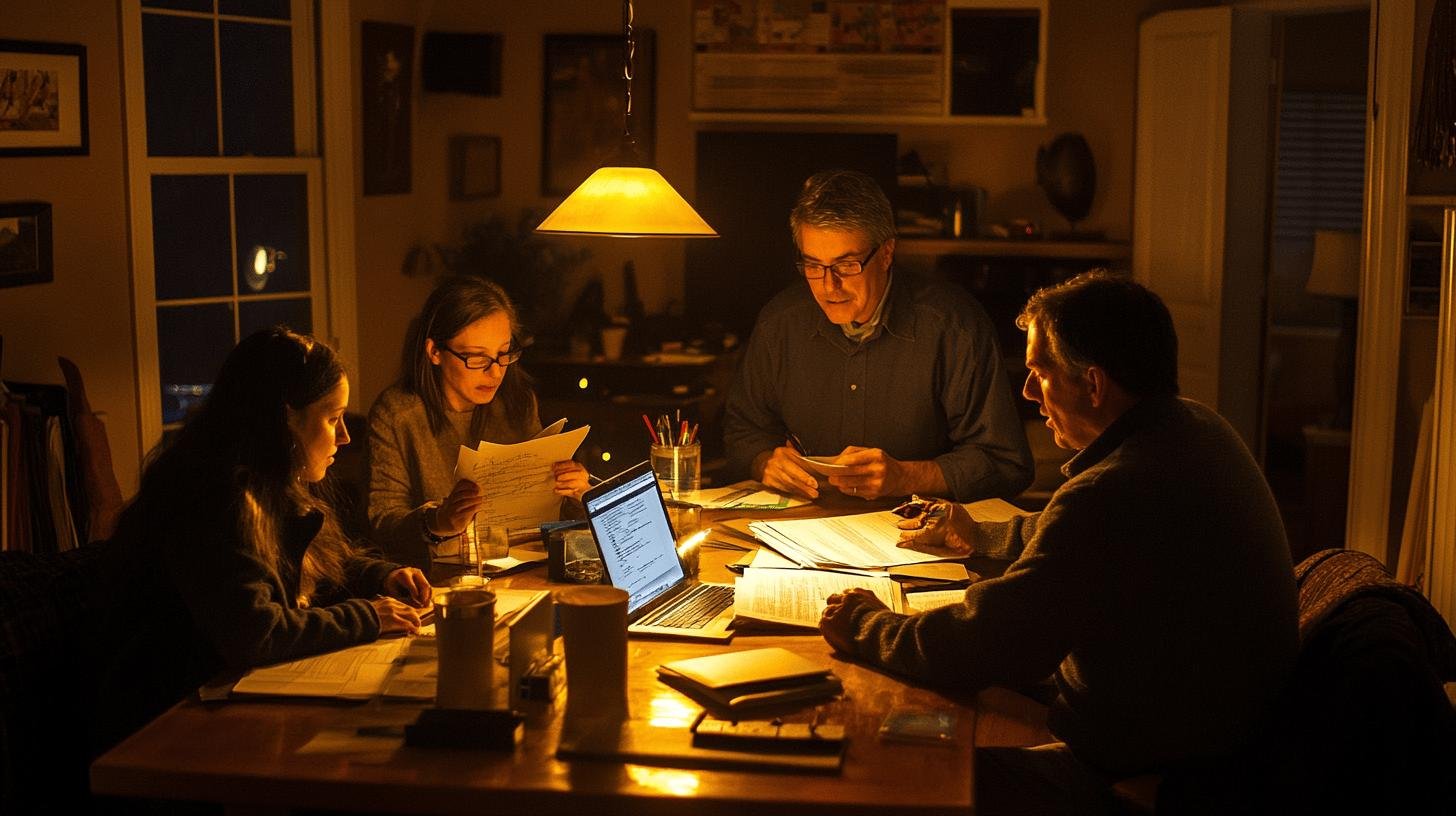 Family discussing documents around a table, representing family businesses passed down.