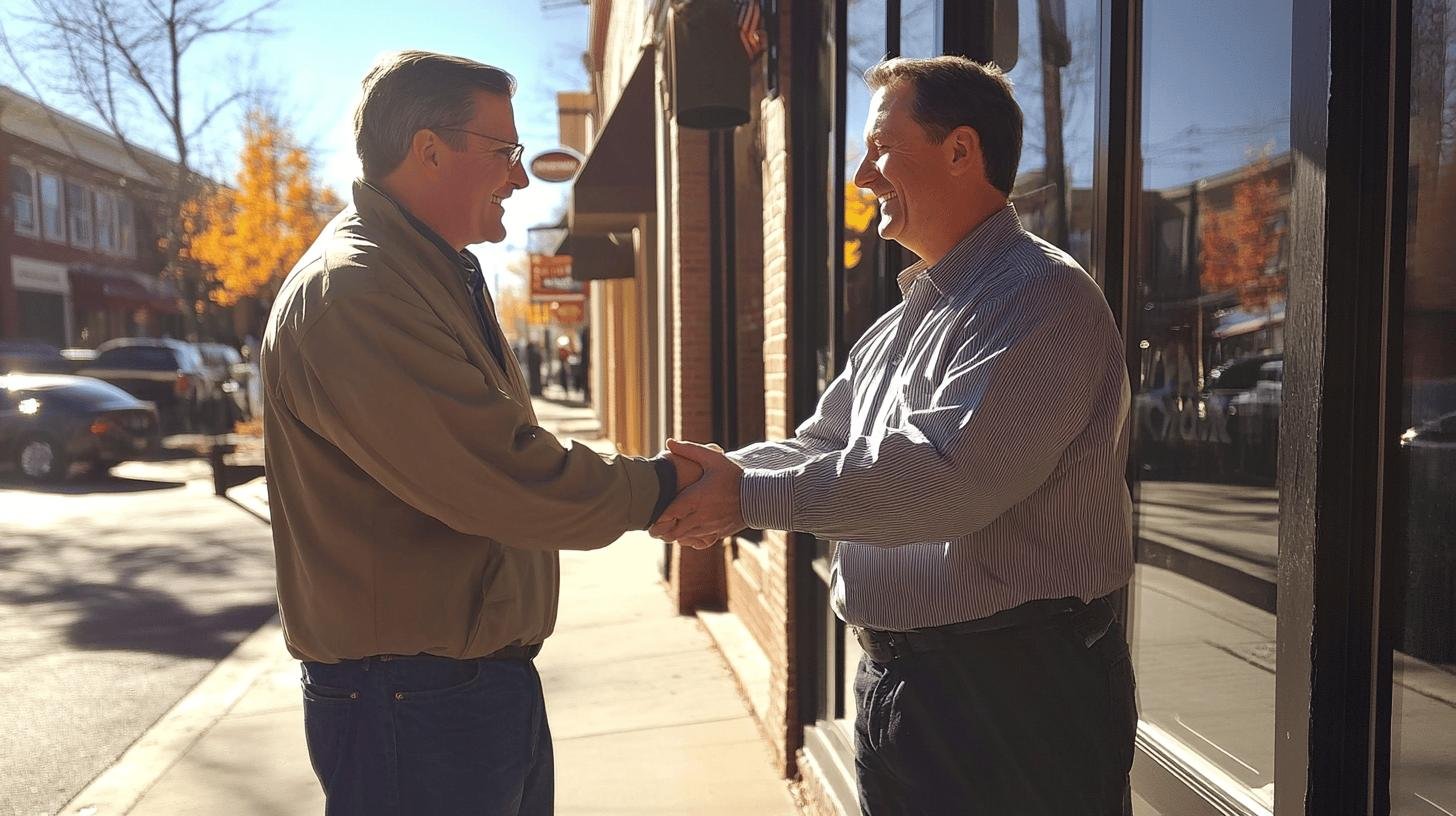 Two men shaking hands outside local businesses, symbolizing Local Marketing for Small Businesses.