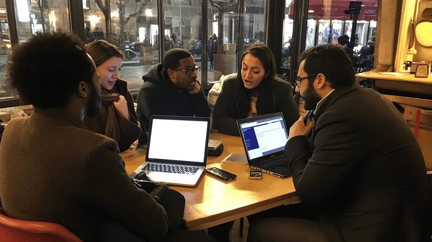 Diverse group discussing 'Freedom of Speech a Fundamental Right' around a table with laptops.