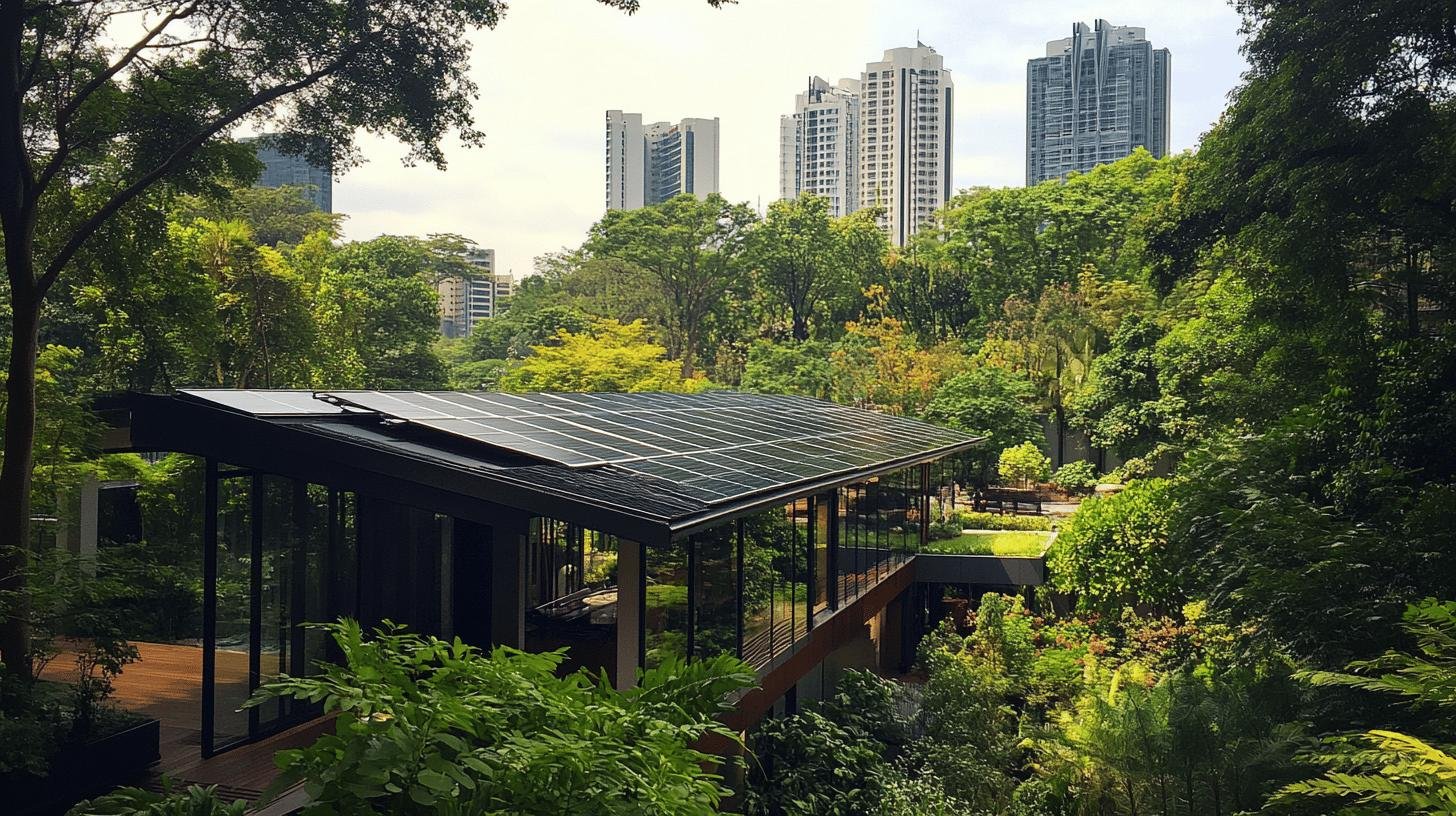 Lowes Giving Back to the Community: eco-friendly building with solar panels surrounded by greenery, reflecting sustainability.