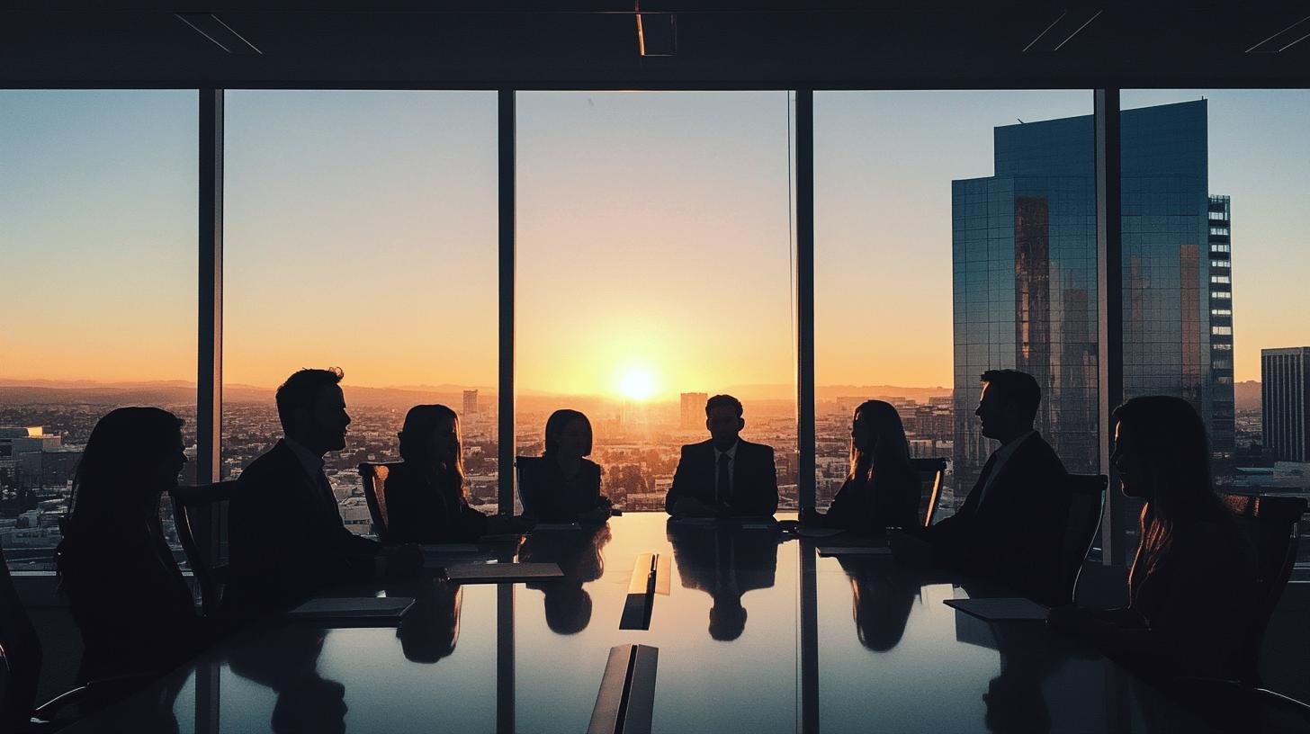 Silhouetted business meeting at sunset in a modern office, representing family business growth.