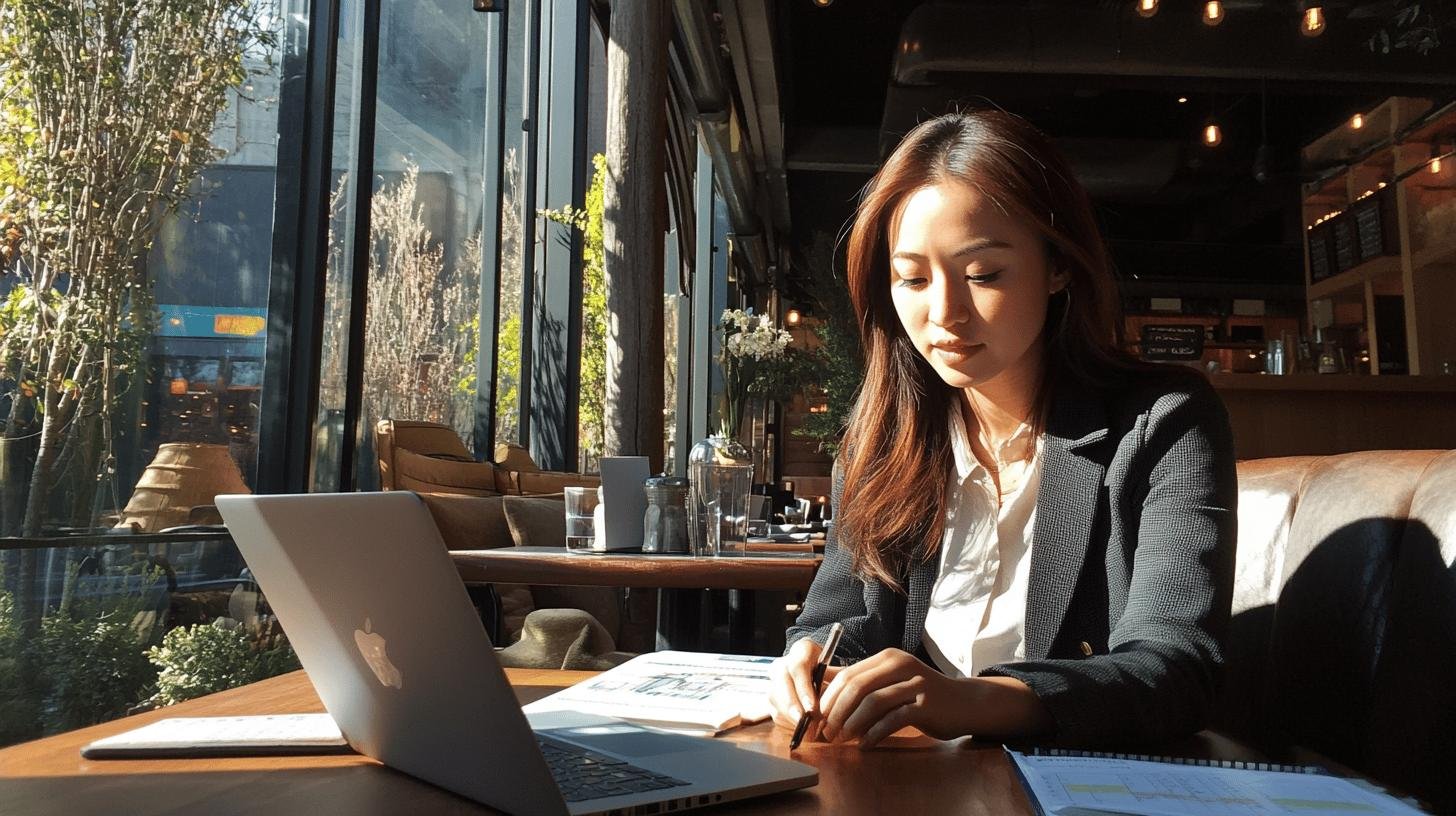 Businesswoman reviewing notes in a cafe while working on a rewards program.