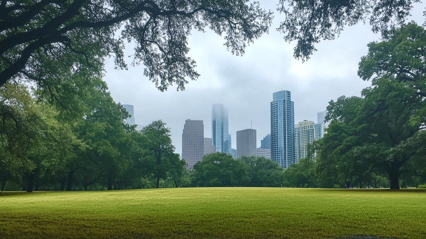 City skyline framed by park trees and open field, representing urban landscape affected by laissez-faire economics.