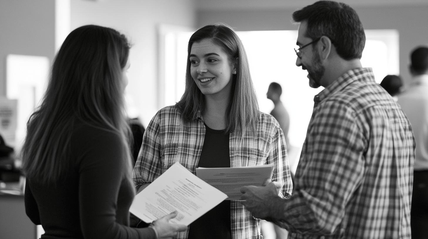 Three people discussing documents, representing Nike giving back to the community.