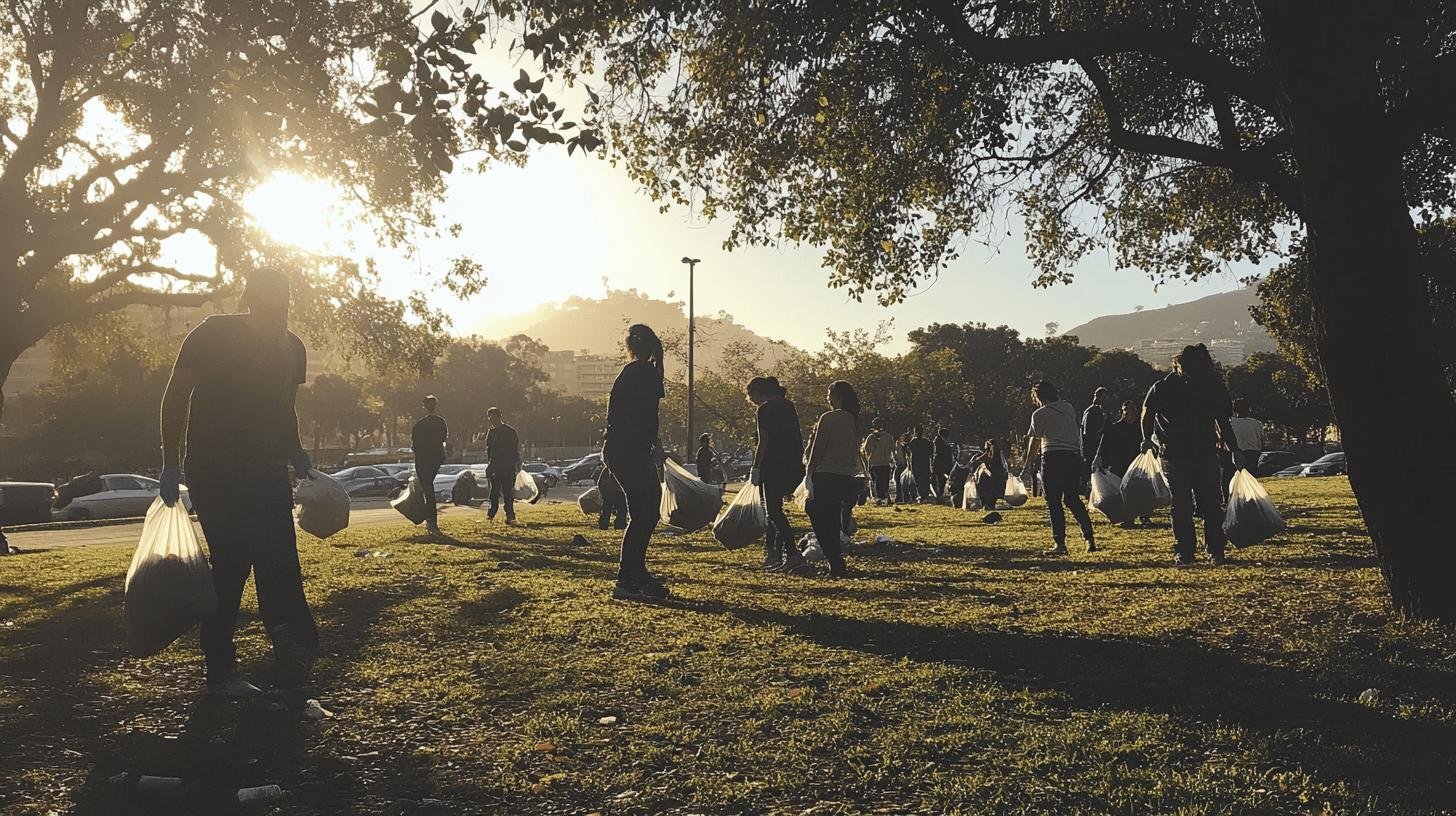 Volunteers cleaning up a park at sunset - What Can You Give Back to the Community.