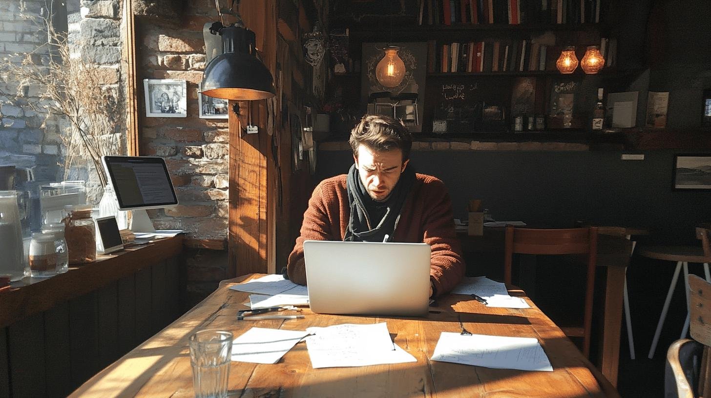 Small business owner working on a laptop in a cozy cafe, focusing on achieving Small Business Success.