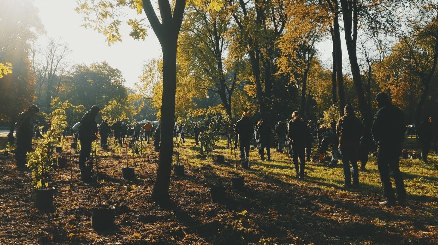 People planting trees in a park during autumn, symbolizing the importance of giving back today.