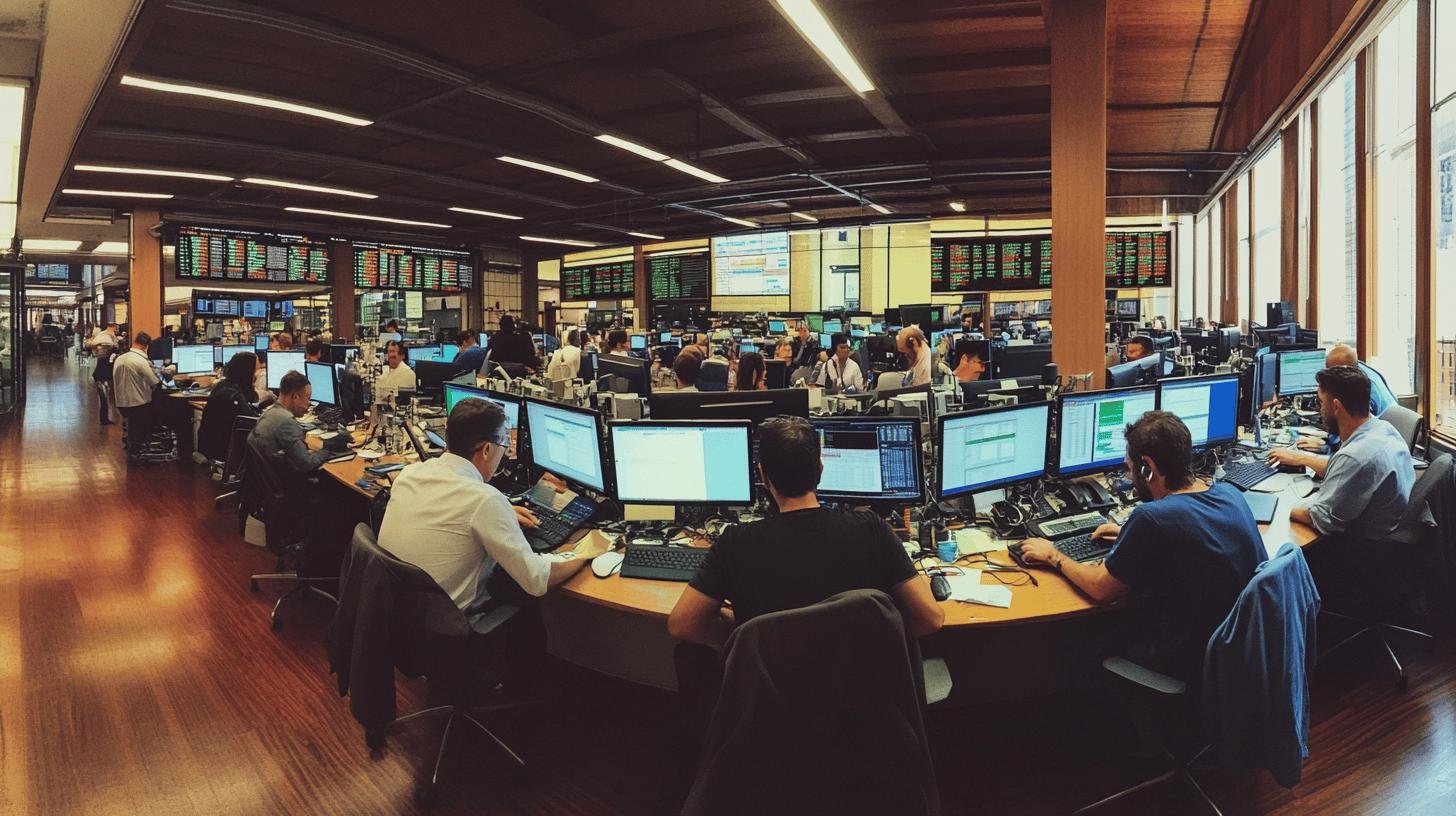 Trading floor with financial analysts working on computers, illustrating the impact of laissez-faire economics on market activities - Is Laissez-faire Economics Beneficial?