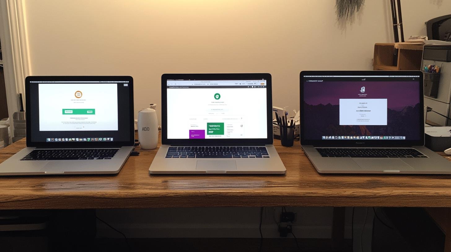 Three laptops displaying different eCommerce platforms on a wooden desk.