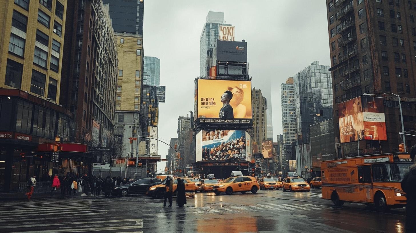 Times Square with billboards showcasing Virtue Signalling in Advertising.