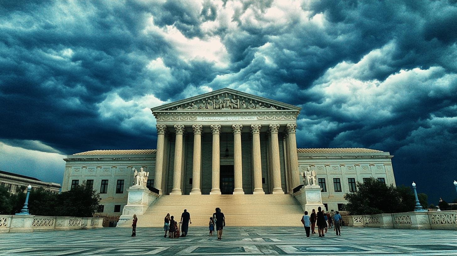 Supreme Court building under stormy skies, highlighting the debate on hiring quotas.