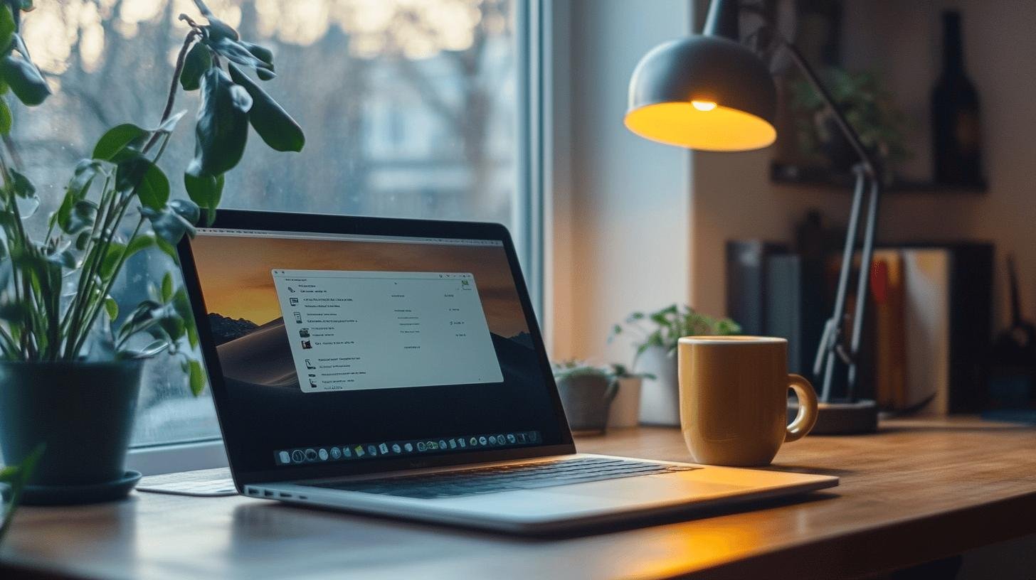 Laptop on a desk with a coffee mug and lamp, ideal workspace for a Solo Entrepreneur.