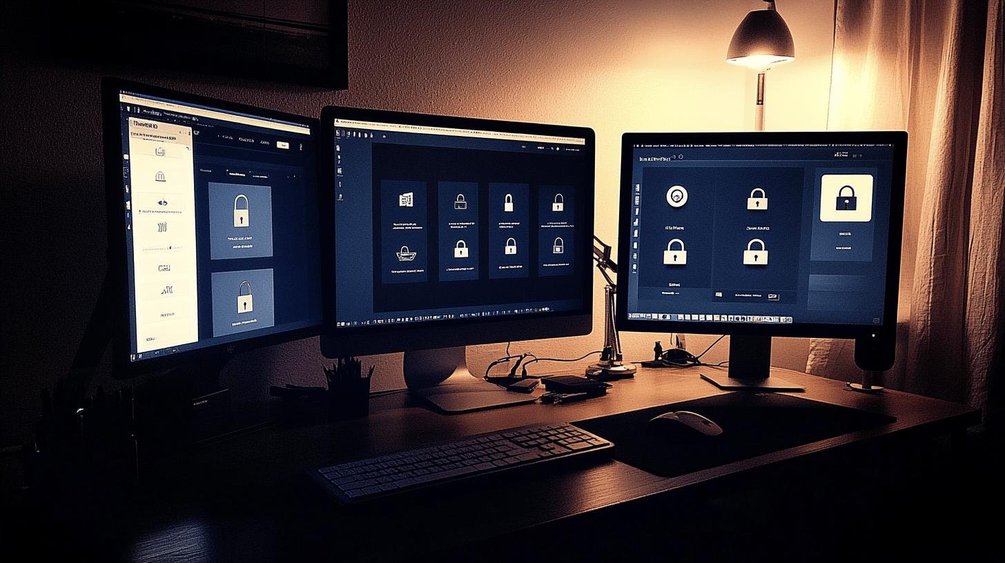 Triple monitor setup displaying eCommerce platform with secure login interface.