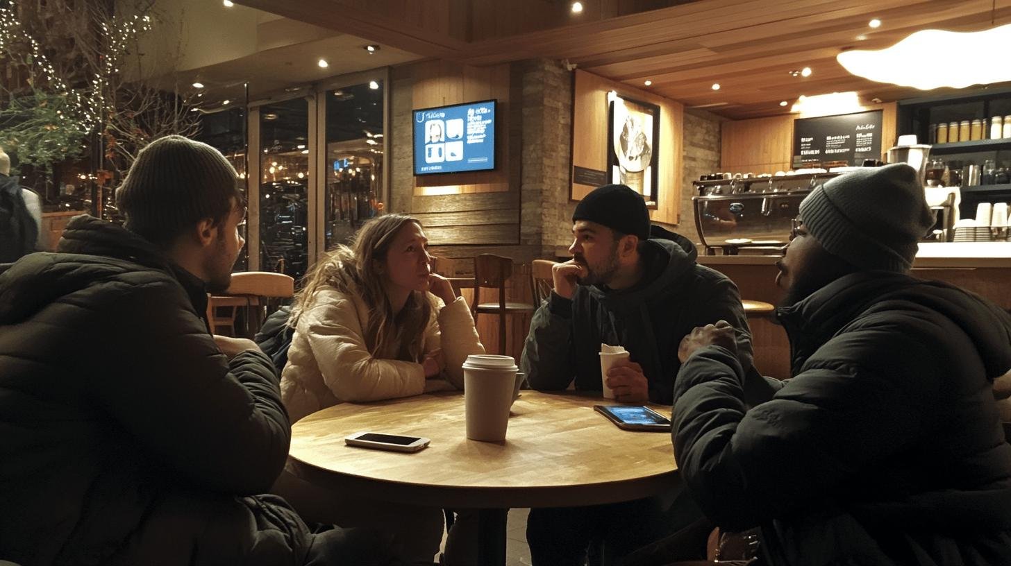 Group of people in a café discussing Freedom of Speech on Social Media.