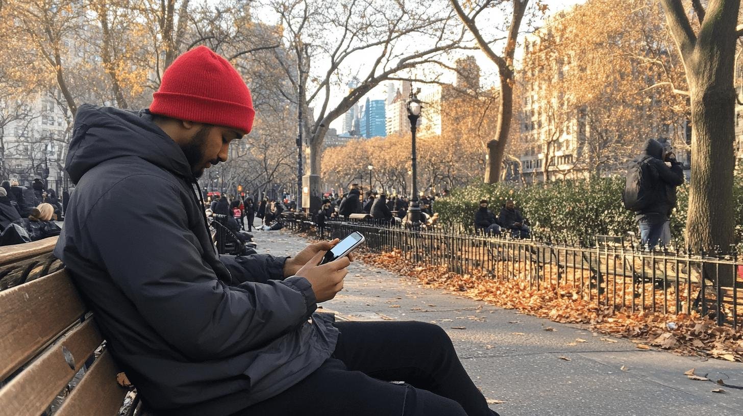 a man sitting on a bench looking at his phone - media and freedom of speech