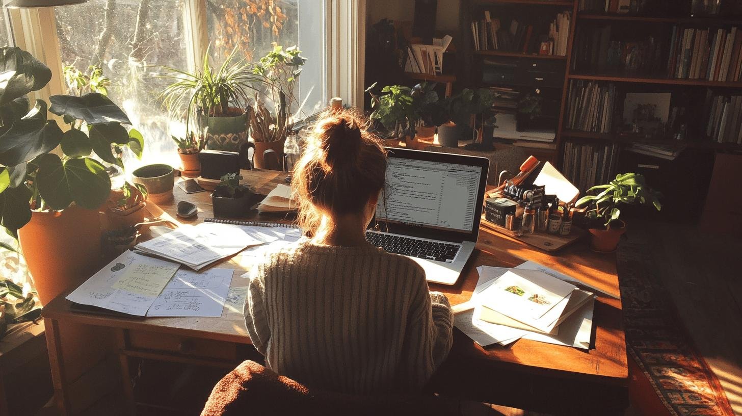 Solo Entrepreneur working on a laptop at a desk surrounded by plants.