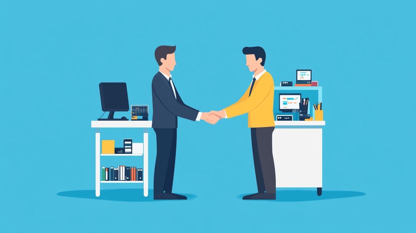 Two businessmen shaking hands in an office setting, symbolizing collaboration – Startup vs Small Business.