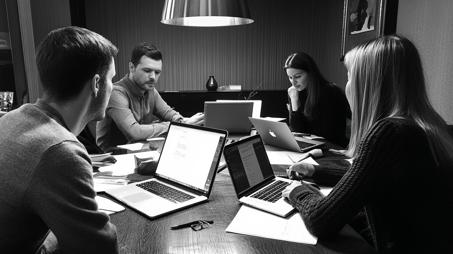 Group of colleagues working on laptops, discussing the Reward Point System for Customers.