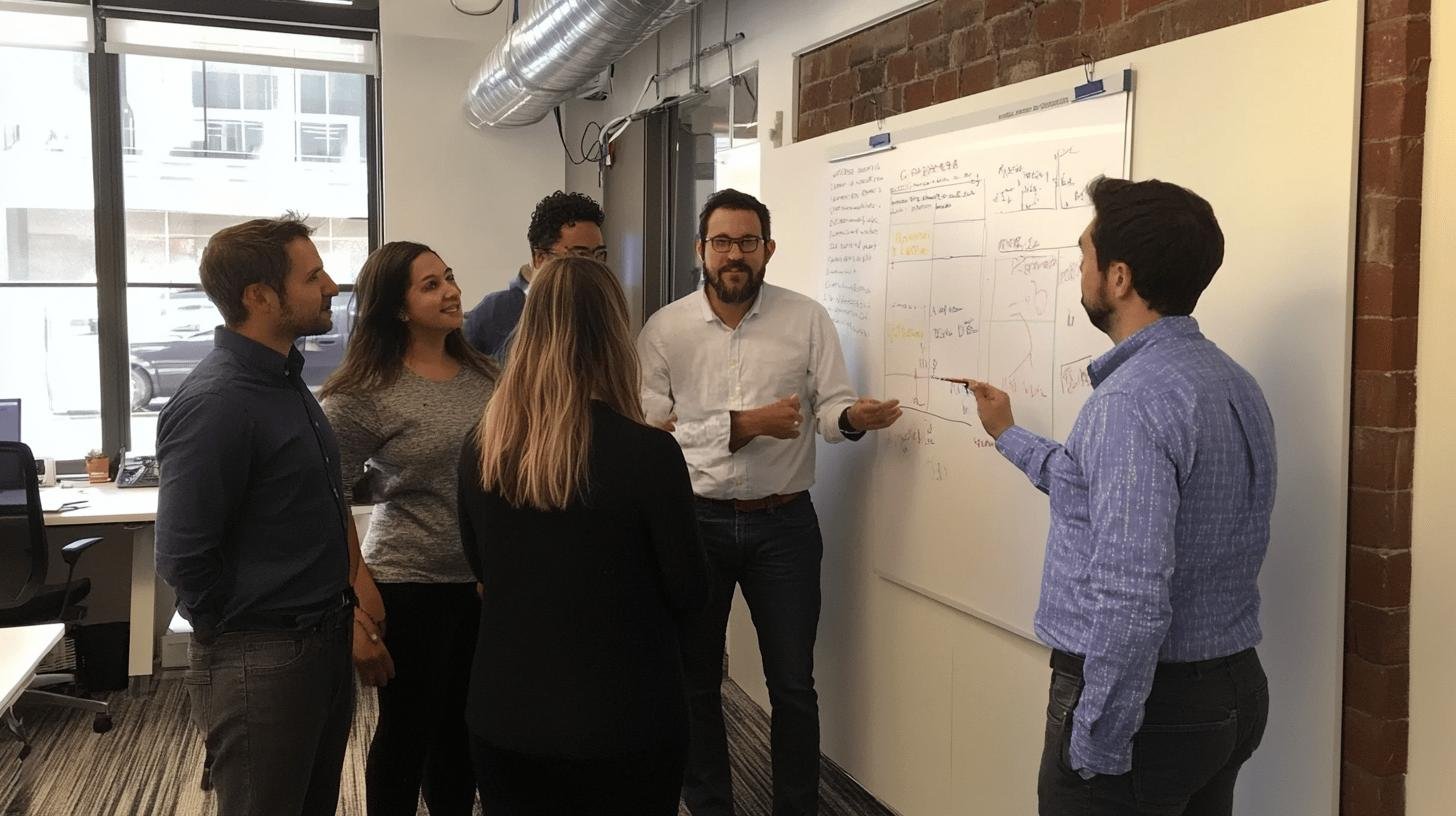 Tech startup ideas: Team collaborating on business strategy at a whiteboard in an office setting.