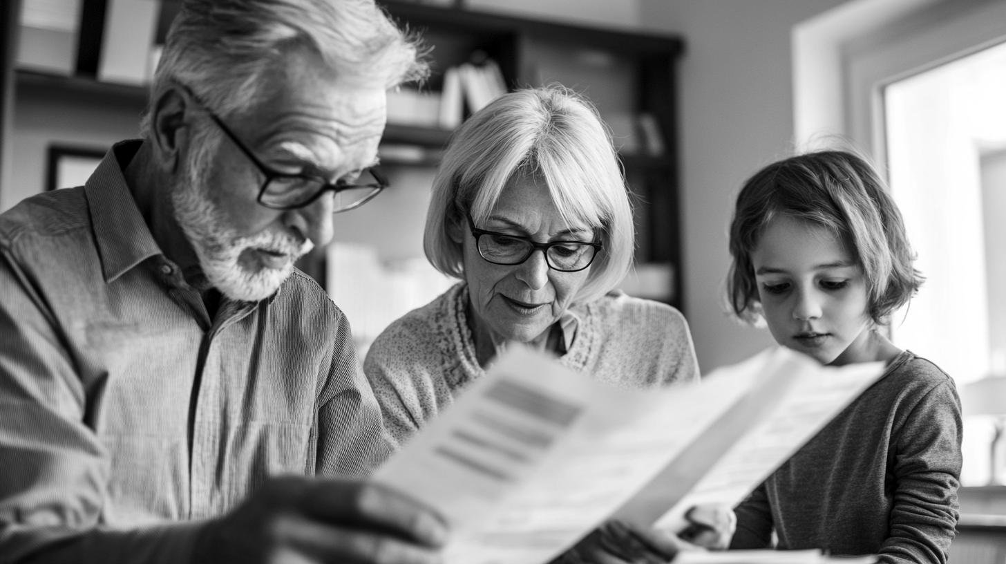 Grandparents reviewing documents with grandchild, discussing pitfalls of family business.