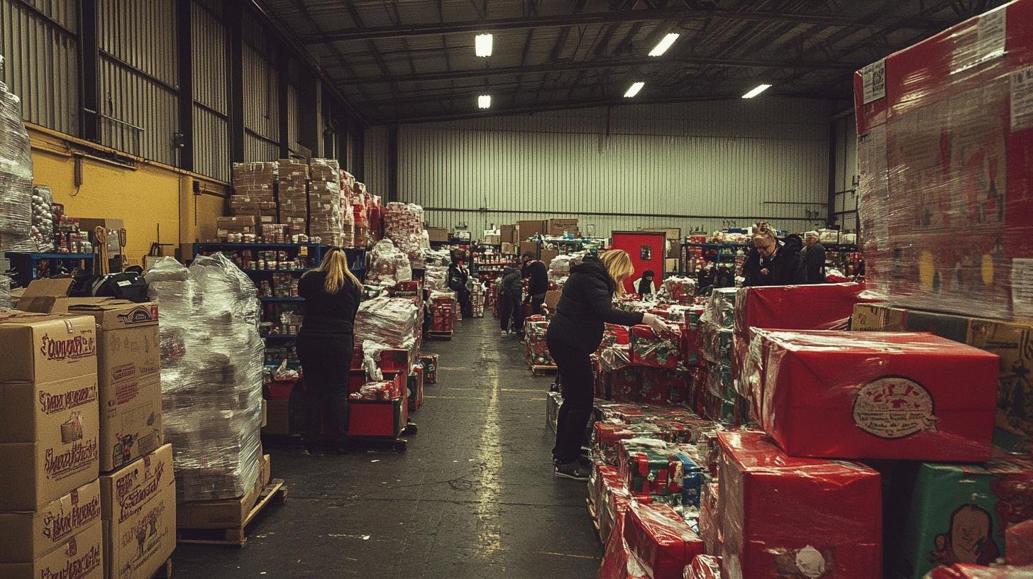 Volunteers organizing donations for Christmas charity, showcasing ways to give back to the community this Christmas.