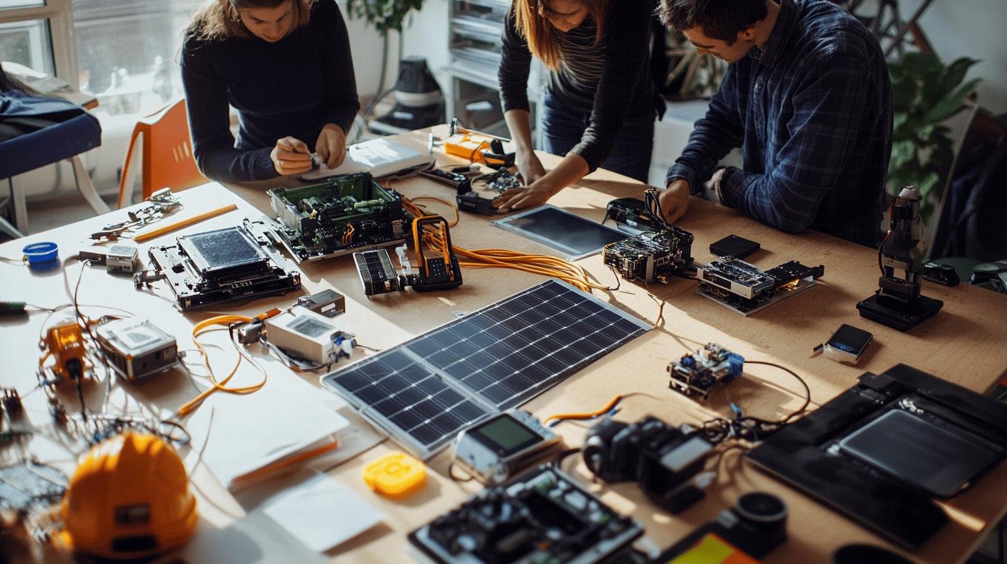 Tech startup ideas: Team working on innovative hardware and sustainability projects at a tech workspace.