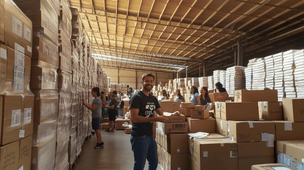 a group of people in a warehouse - target giving back