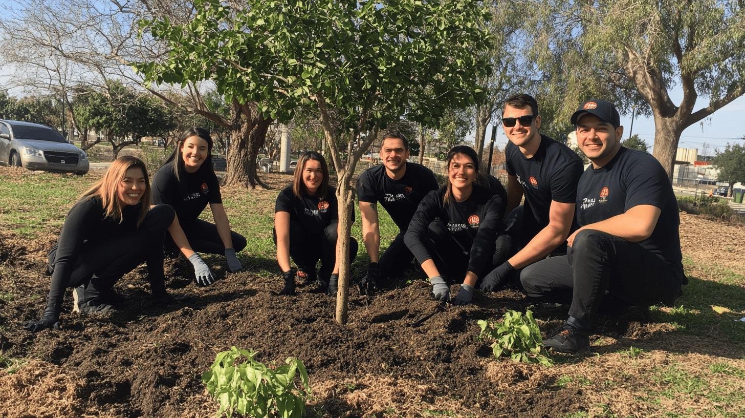 Team of volunteers planting a tree as part of a Social Responsibility effort.