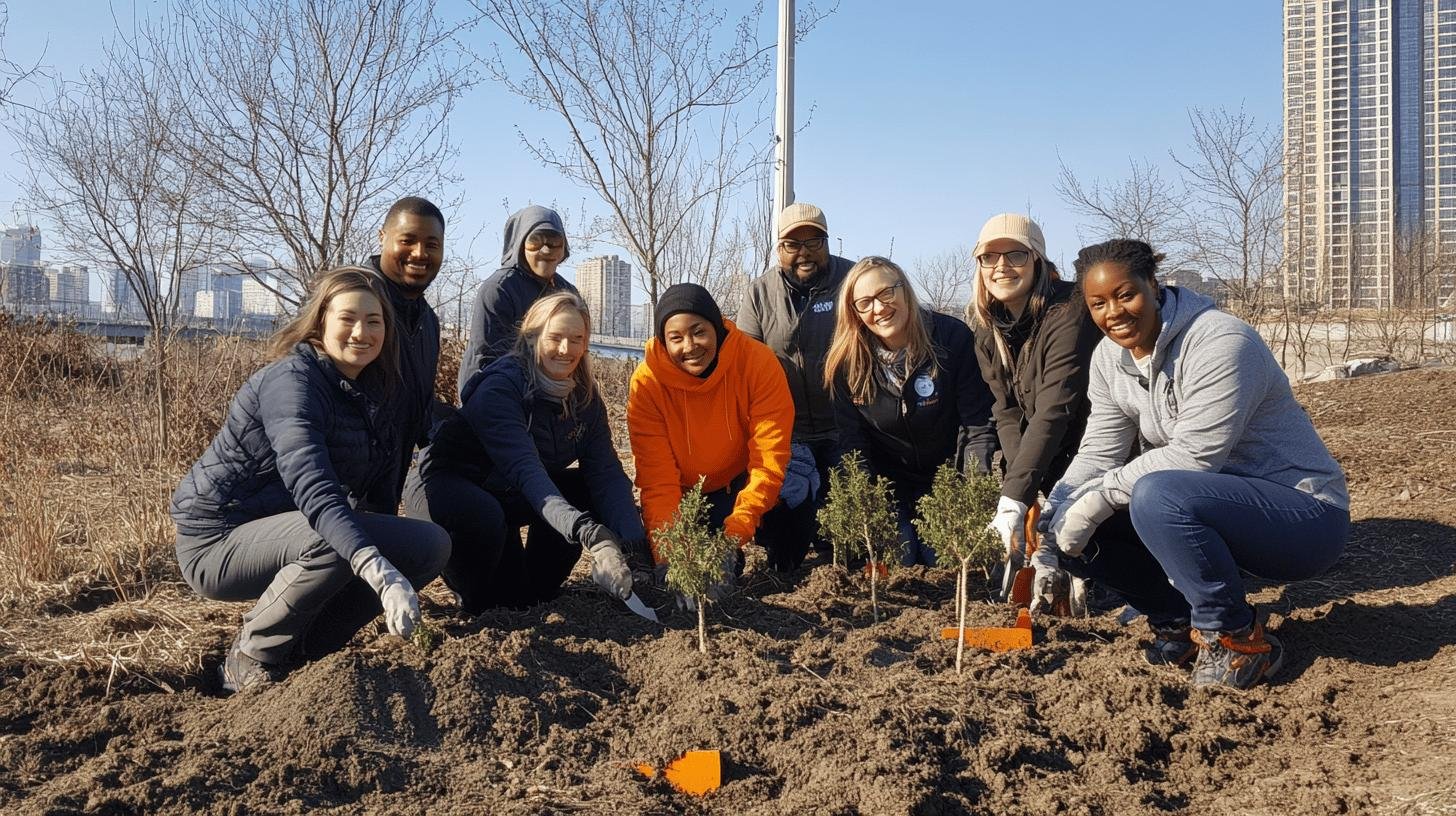 Group of volunteers planting trees as part of a Social Responsibility initiative.