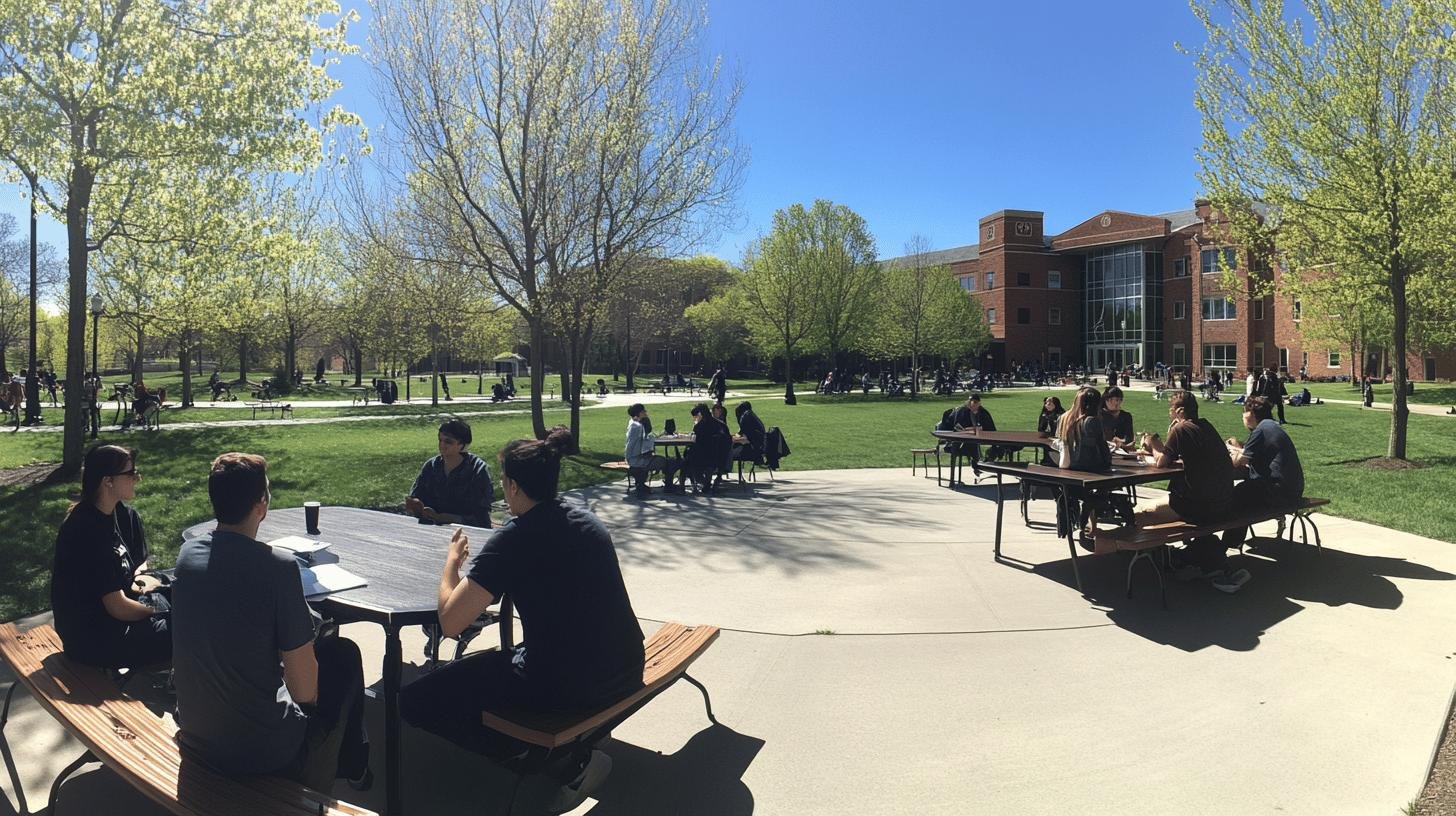 University students engaging in outdoor discussions, illustrating debates on 'Woke vs Politically Correct' ideas in educational settings.