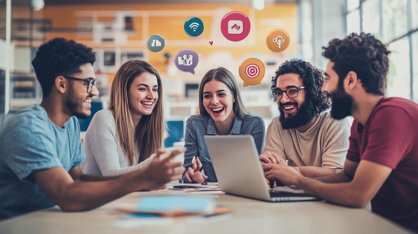 Diverse group discussing viral woke campaigns strategies around a laptop.