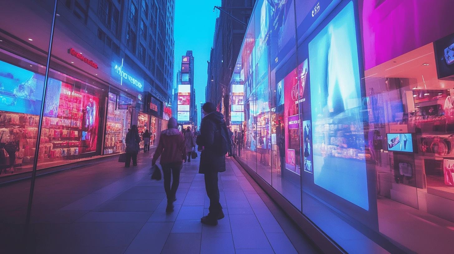 People walking past brightly lit storefronts, representing the modern Brick and Mortar Business Model.