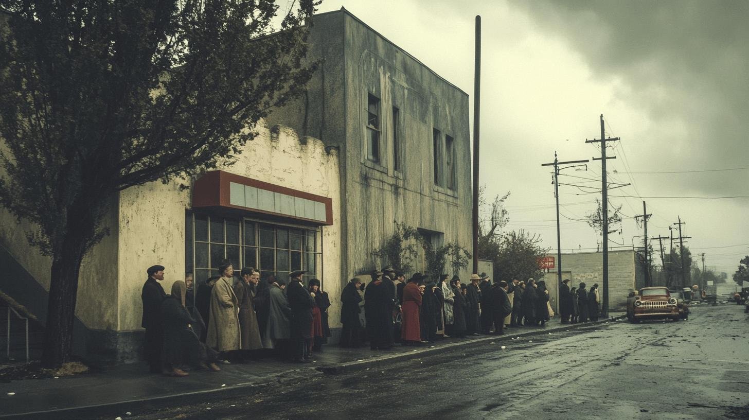 a group of people standing in a line outside a building - laissez-faire economics' role in American history 