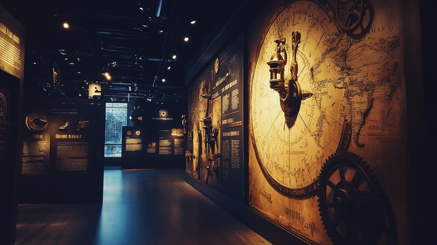 Historical exhibit showcasing gears and maps, symbolizing the development of Traditional American Values.