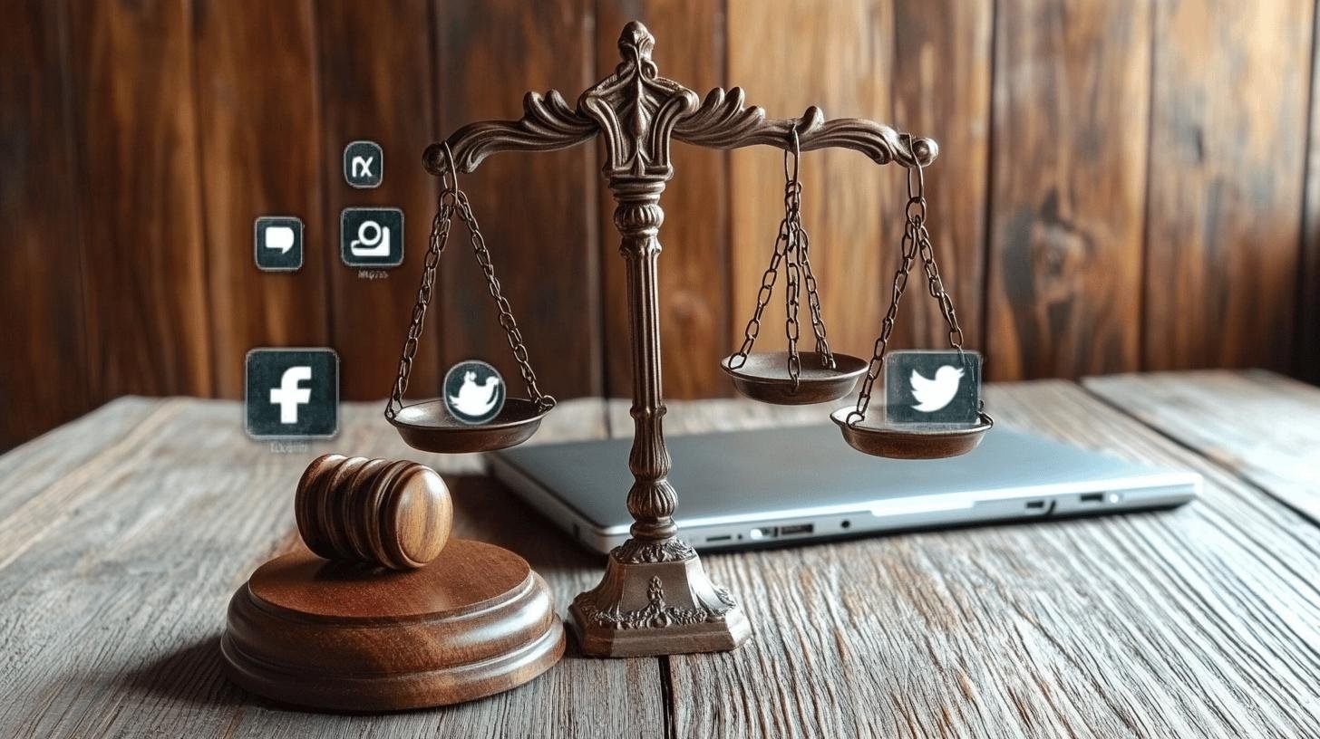 Scales of justice with social media icons symbolizing the debate: Does Freedom of Speech Apply to Social Media?